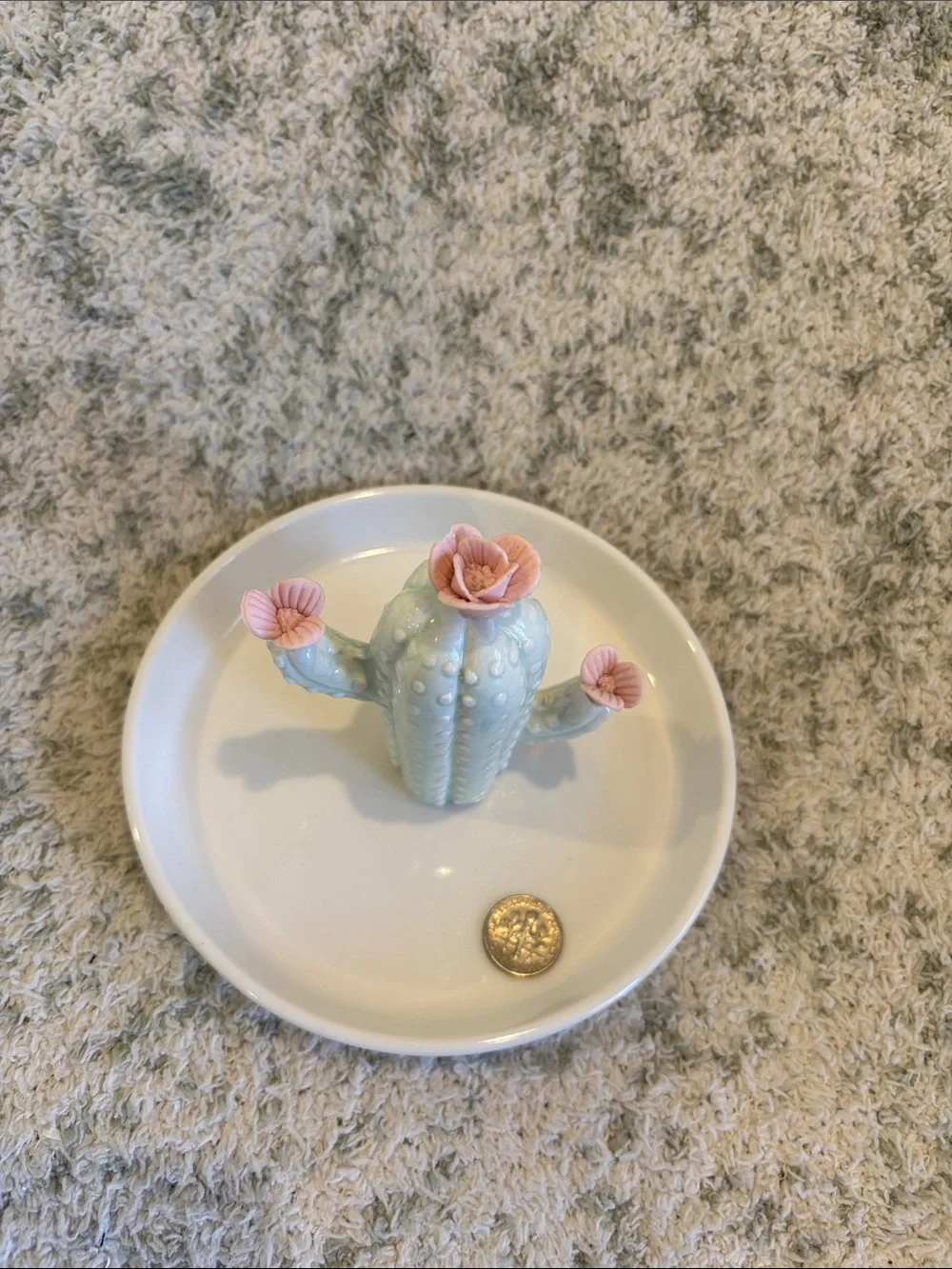 Pretty Mint Cactus Pink Flowers Ceramic Trinket Jewelry Dish NWT 5.5”